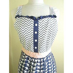 Apron Blue Pink Chevron Strip Ruffles Elephants Full Bib Sweetheart Neck Cottage